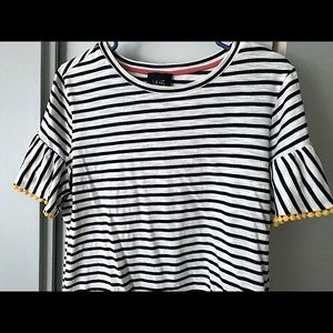 Fun cotton top L dark navy stripes, yellow Pom Pom flutter sleeve by W5.